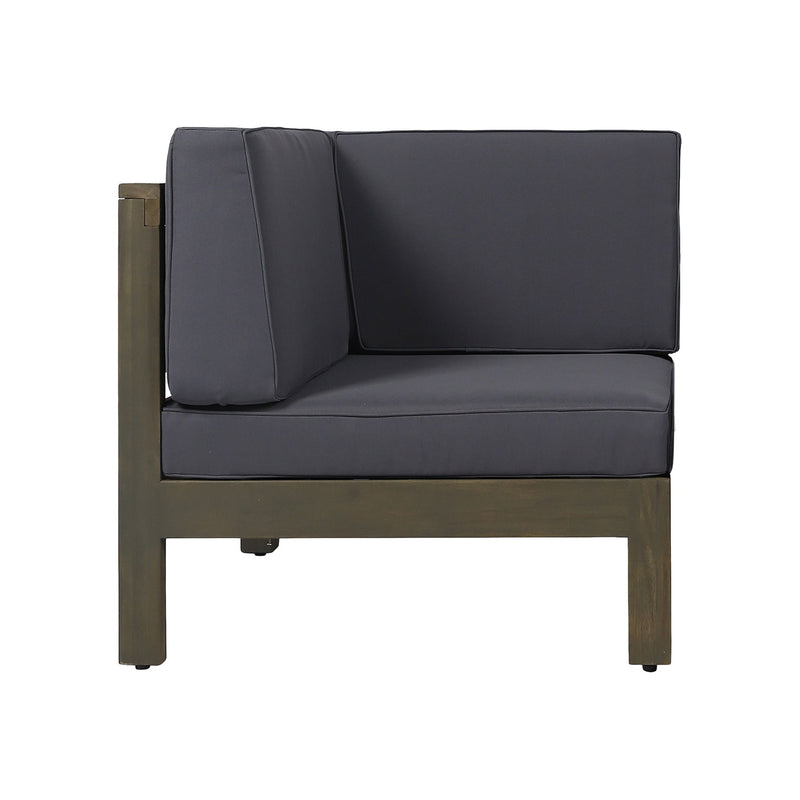 Dark gray outdoor loveseat with thick seat cushion and dark wooden frame