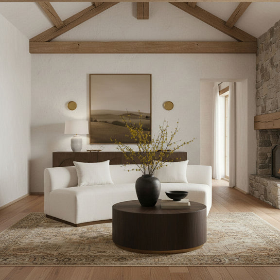 104-inch chenille upholstered sofa in light fabric with green back cushions and dark base.