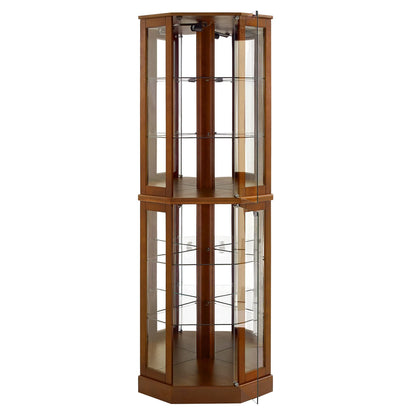 Dark brown glass curio corner cabinet with mirrored panels, 2 adjustable shelves, and lights