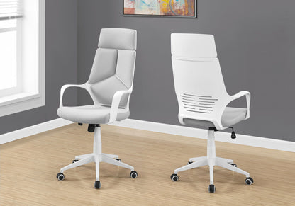 Light gray office swivel chair with adjustable height, armrests, and wheeled base