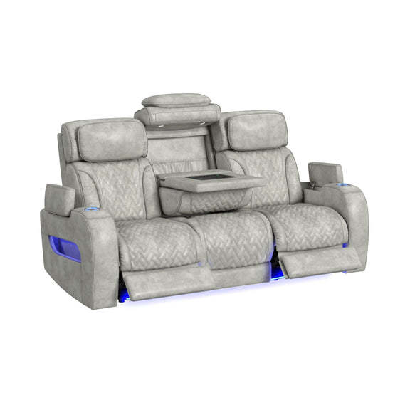 Light gray reclining sofa set with padded backrests and blue control accents, side view