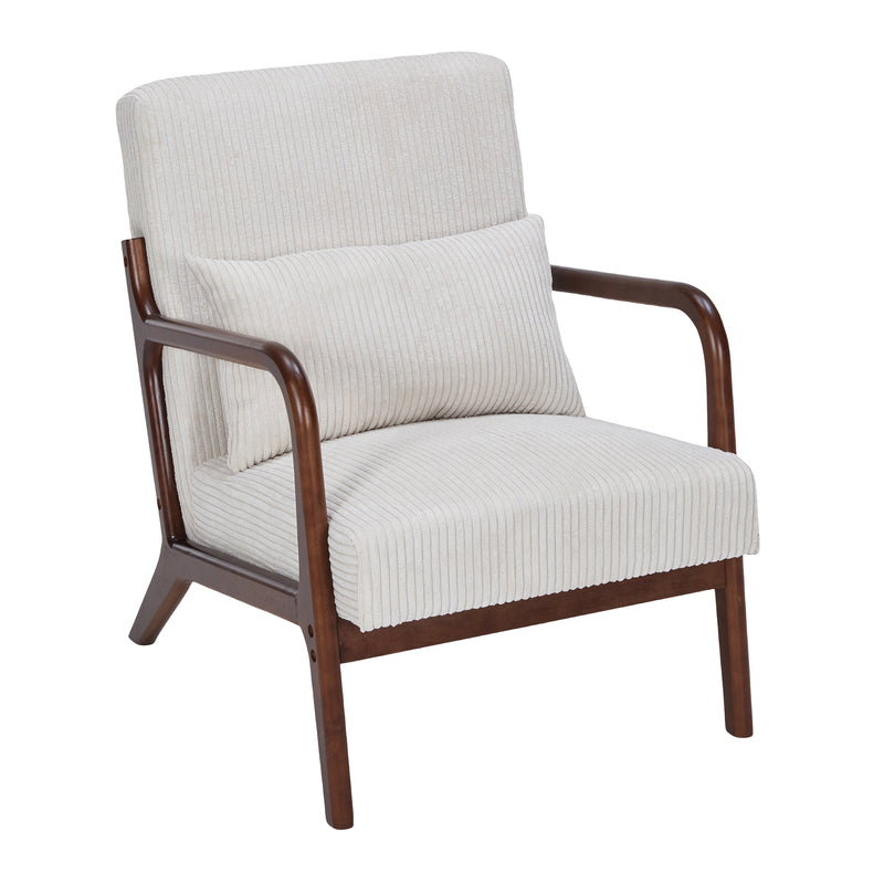Mid-Century Modern Accent Chair with Pillow Upholstered Arm Chair in Beige Polyester and Solid Wood Frame, beige