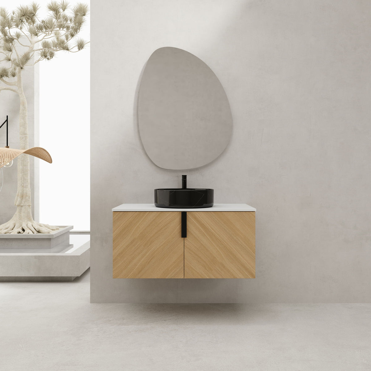 Wall-mounted bathroom vanity with art sink, light wood cabinet and black round vessel sink