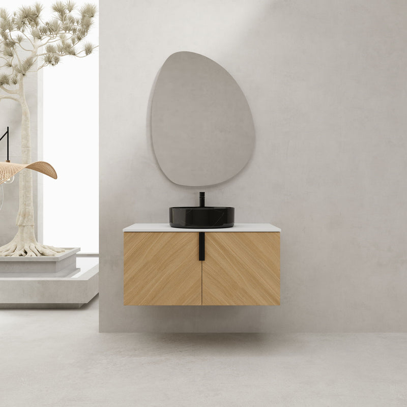 Wall-mounted bathroom vanity with art sink, light wood cabinet and black round vessel sink