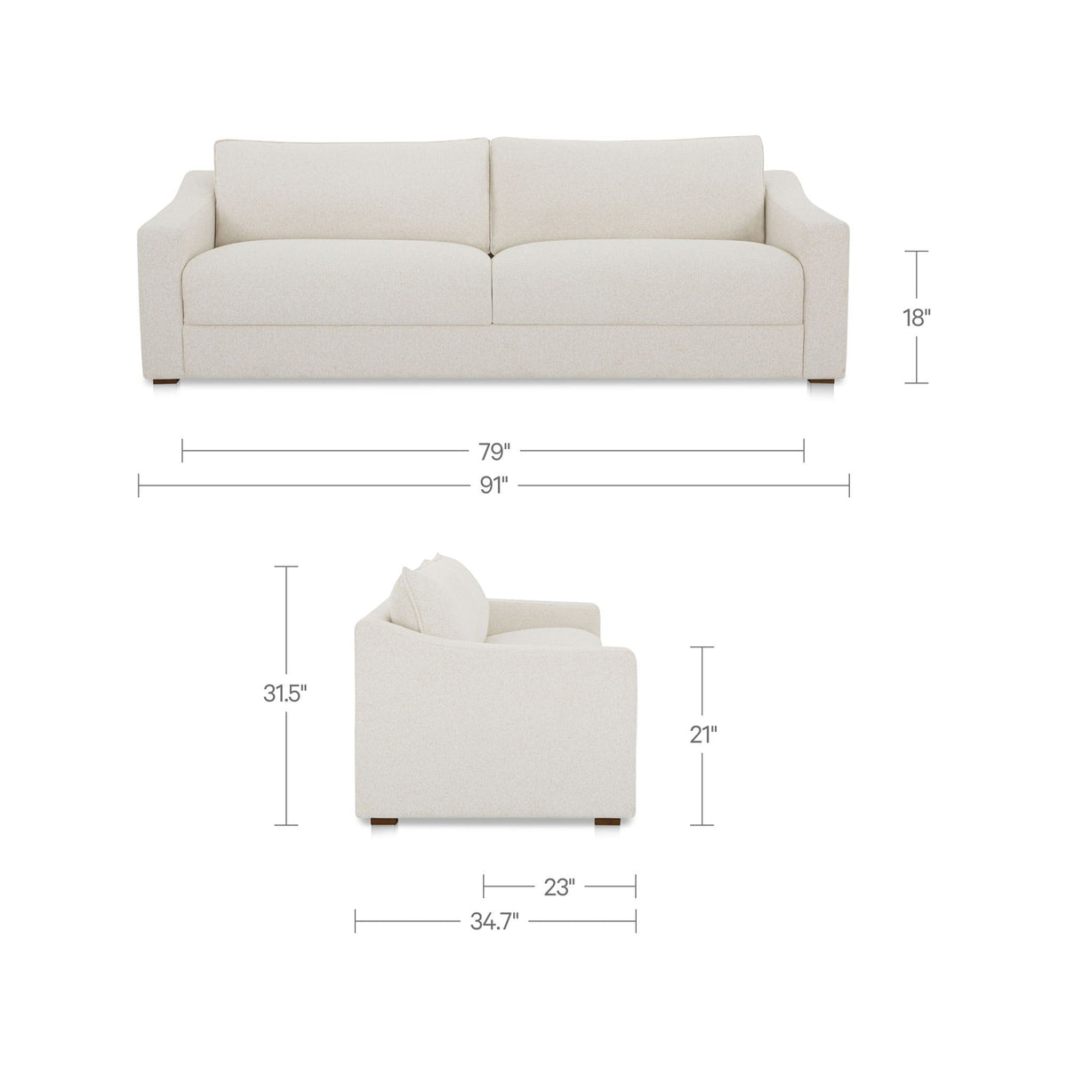 Oat upholstered sofa with size diagram: 91 in wide, 31.5 in tall