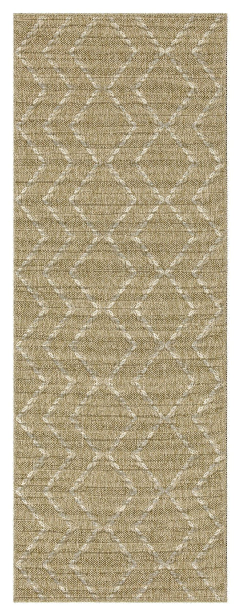 Light brown jute area rug, tall view, diamond lattice geometric pattern.