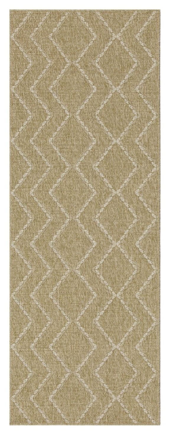 Light brown jute area rug, tall view, diamond lattice geometric pattern.
