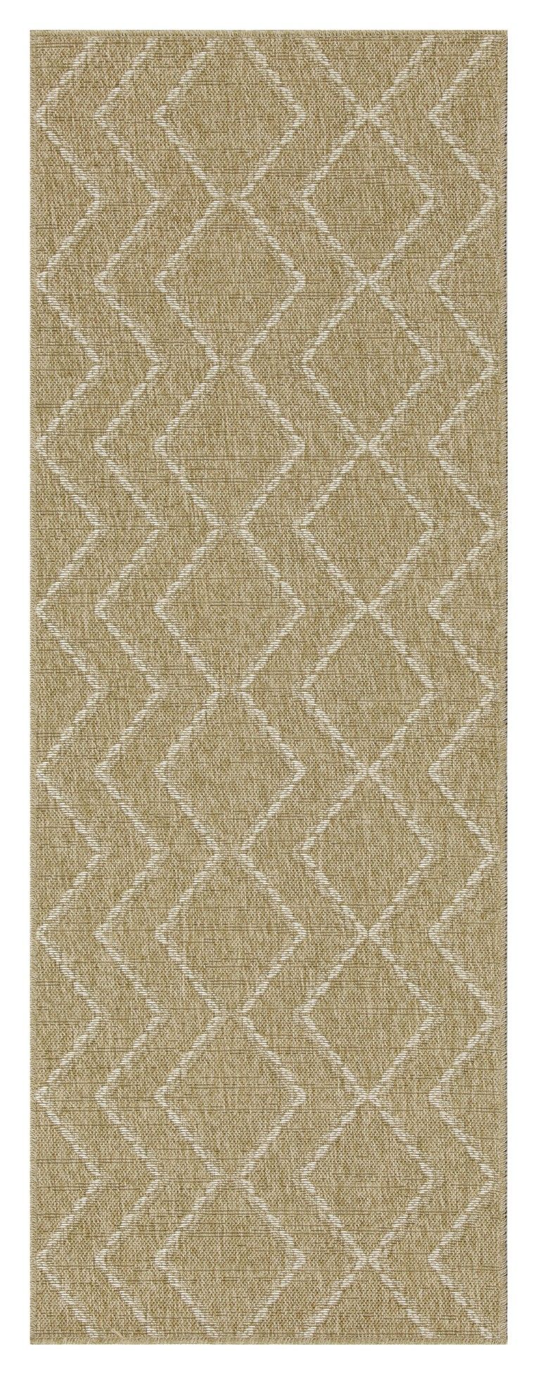 Light brown jute area rug, tall view, diamond lattice geometric pattern.