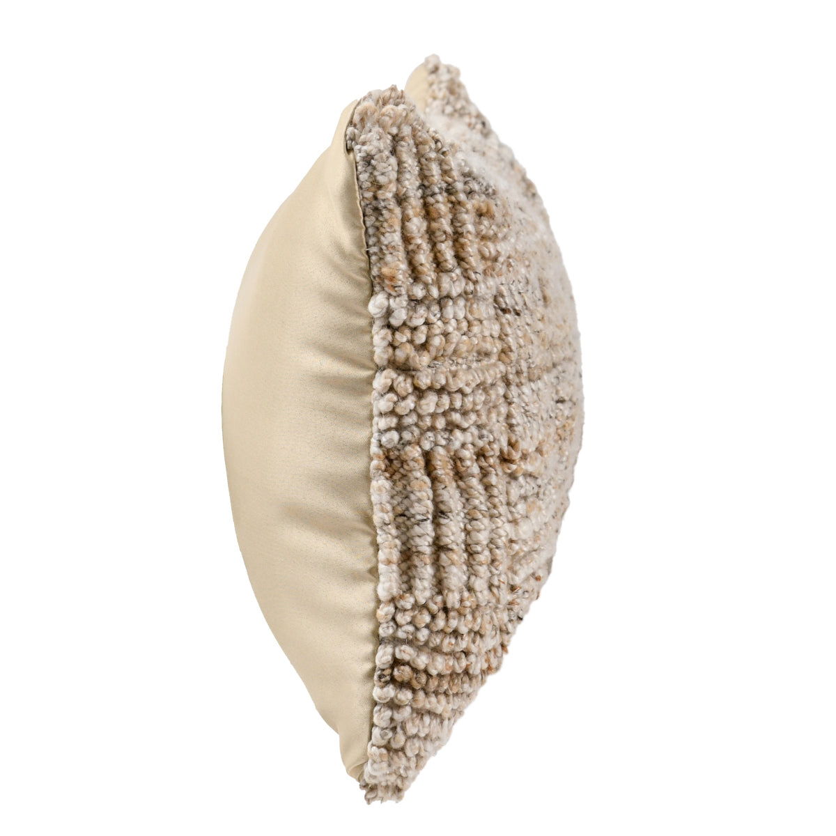Ivory textured knit pillow with rounded edge and fringe trim
