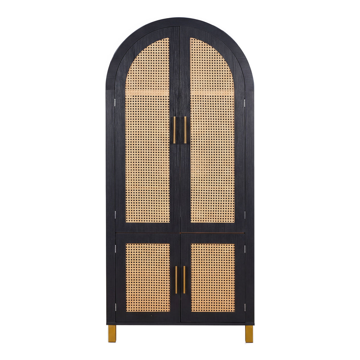 Tall arched cabinet with rattan door panels and dark frame, adjustable shelves