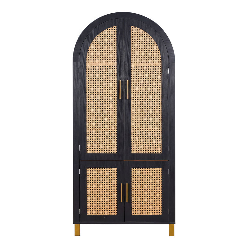 Tall arched cabinet with rattan door panels and dark frame, adjustable shelves