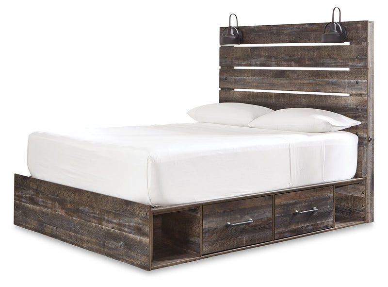 Dark wood panel bed with slatted headboard, white mattress, and two front drawers