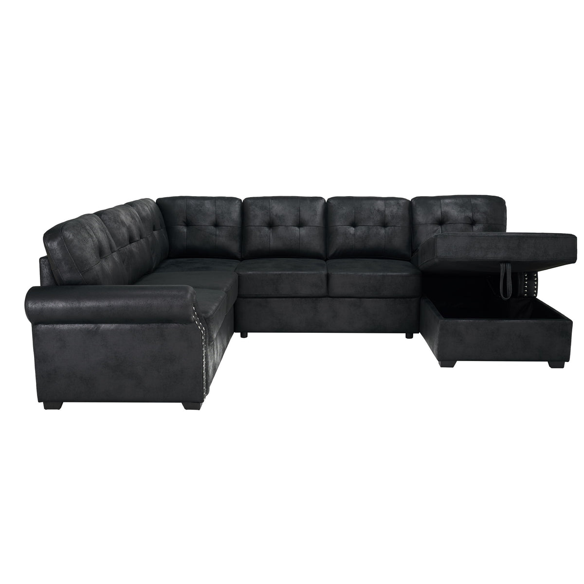 Black U-shaped sectional sleeper sofa with tufted back, pull-out bed, storage chaise