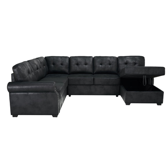 Black U-shaped sectional sleeper sofa with tufted back, pull-out bed, storage chaise