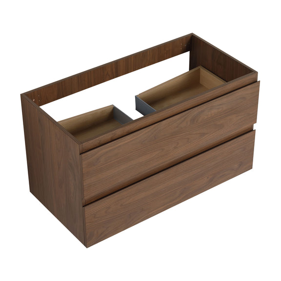 Dark brown wall-mounted bathroom vanity with two open soft-close drawers and sink cutouts
