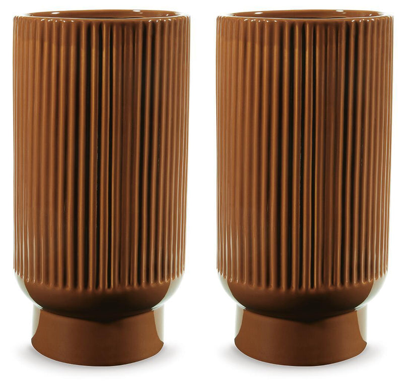 Two dark brown ribbed ceramic vases with glossy vertical ridges