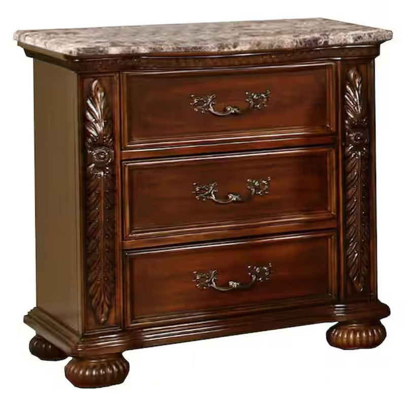 Cherry 3-drawer bedside table with carved sides, brass-tone pulls, and stone-look top