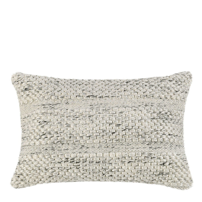 Woven textured throw pillow in cream ivory with square corners and textured front panel.