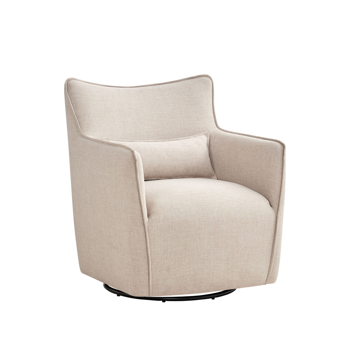 Light beige swivel accent chair with matching lumbar pillow and rounded arms