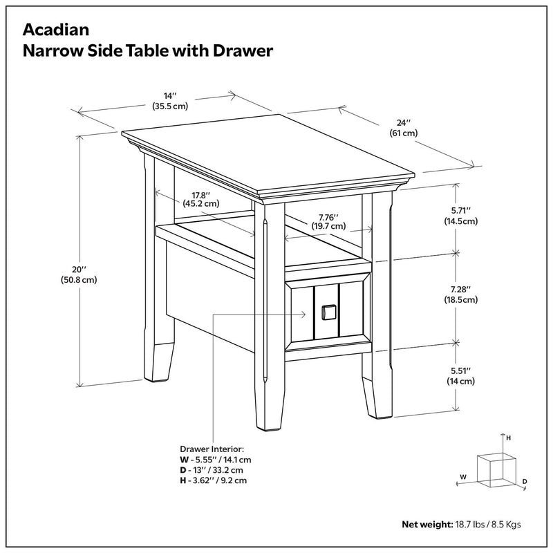 Narrow side table with drawer, shown in a dimension diagram with measurements