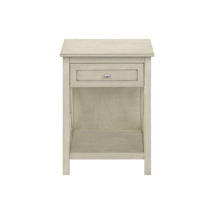 White 2-tier accent end table with storage drawer and open lower shelf.