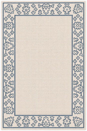 Beige indoor/outdoor rug with blue border and repeating floral medallion pattern