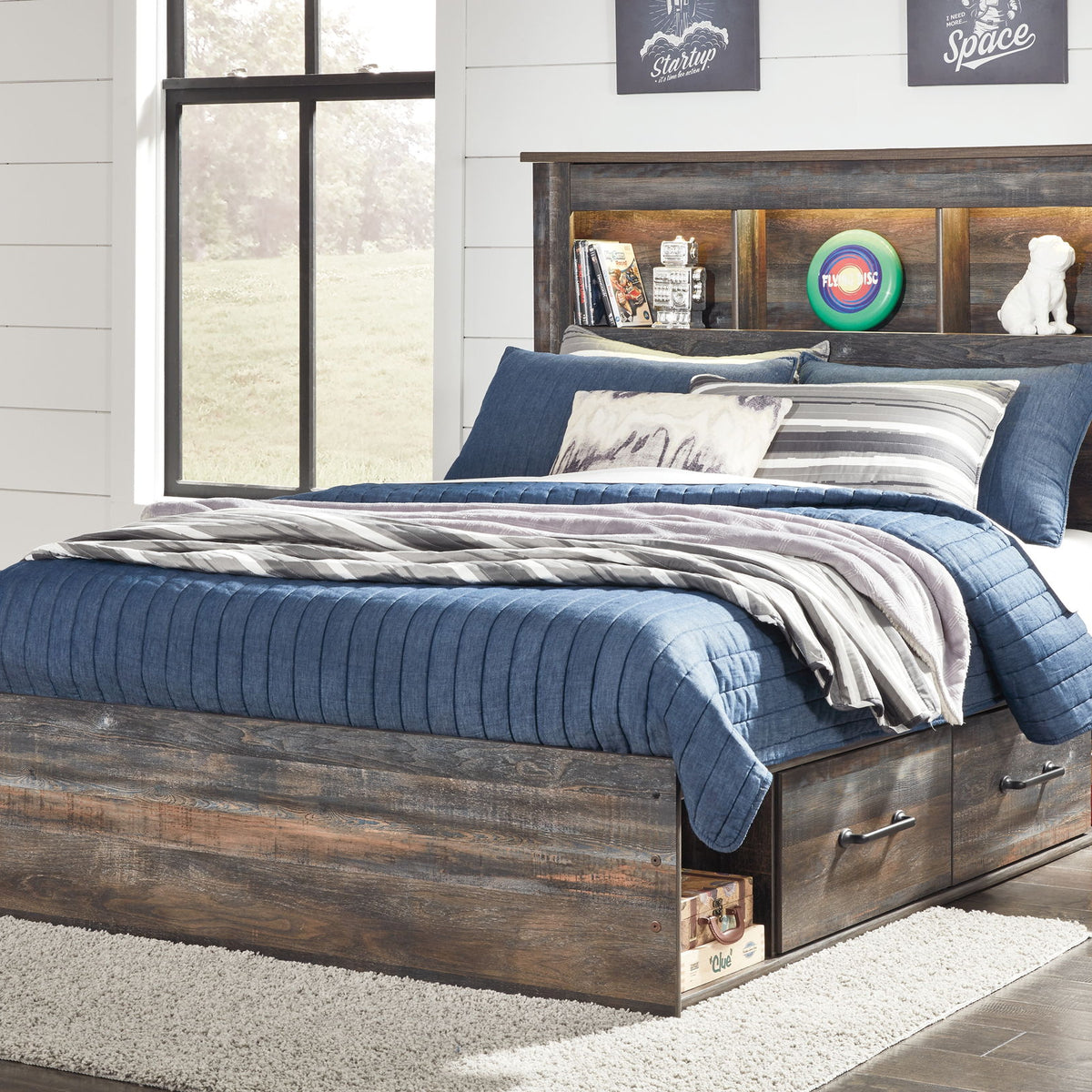 Panel bookcase bed with open shelves and two side drawers, dark wood finish.