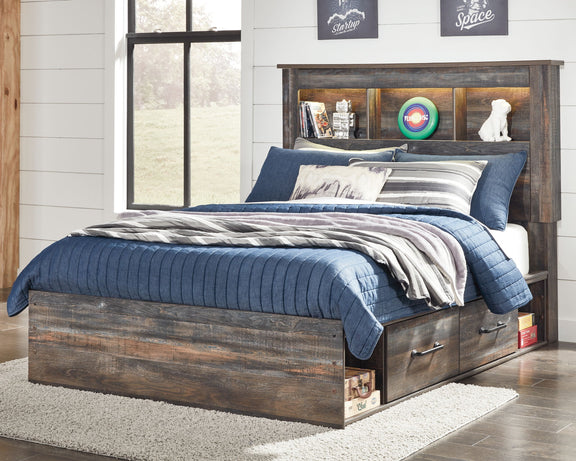 Panel bookcase bed with open shelves and two side drawers, dark wood finish.