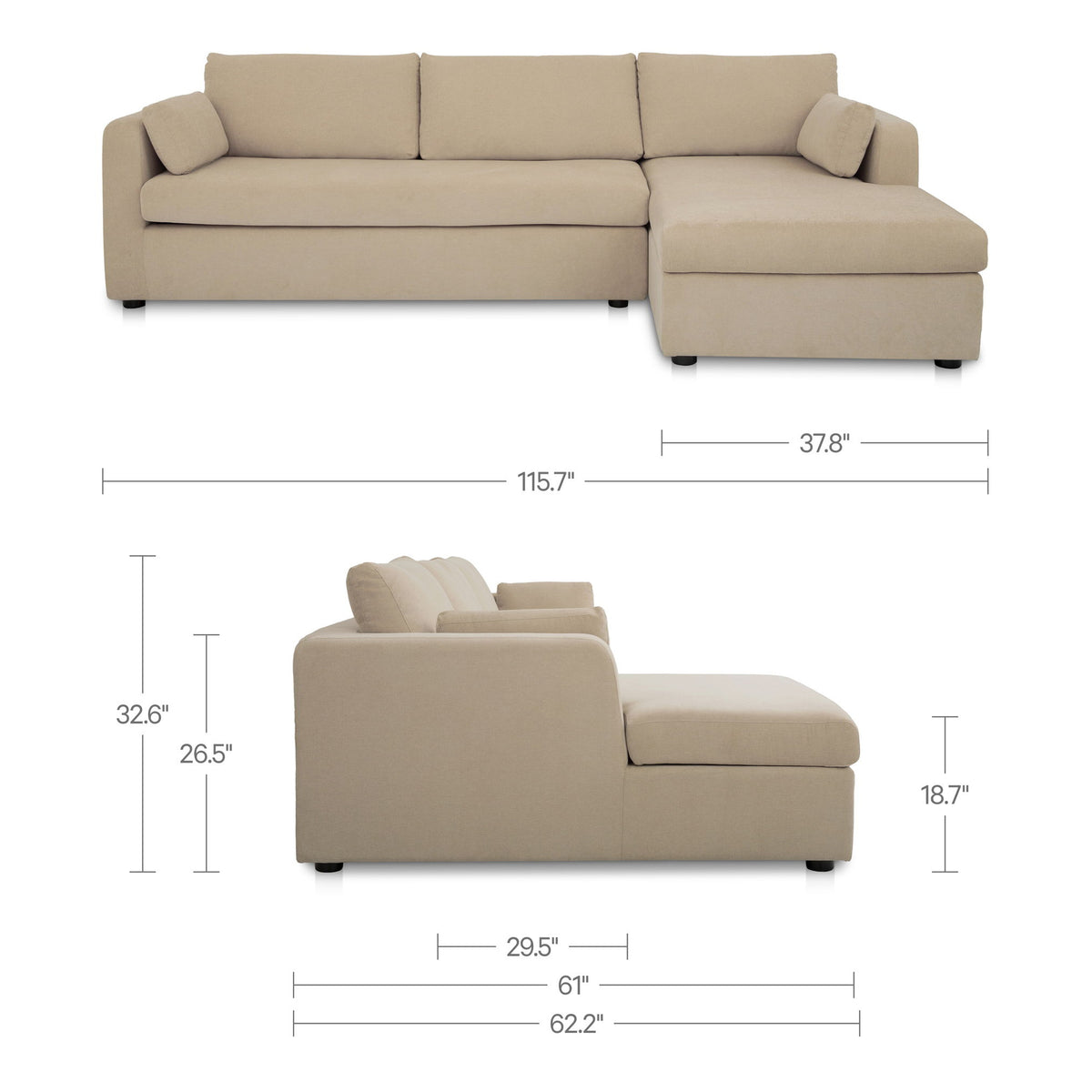Sand sectional sofa with right chaise; side view with overall size measurements