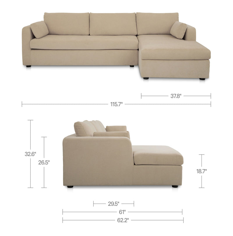 Sand sectional sofa with right chaise; side view with overall size measurements