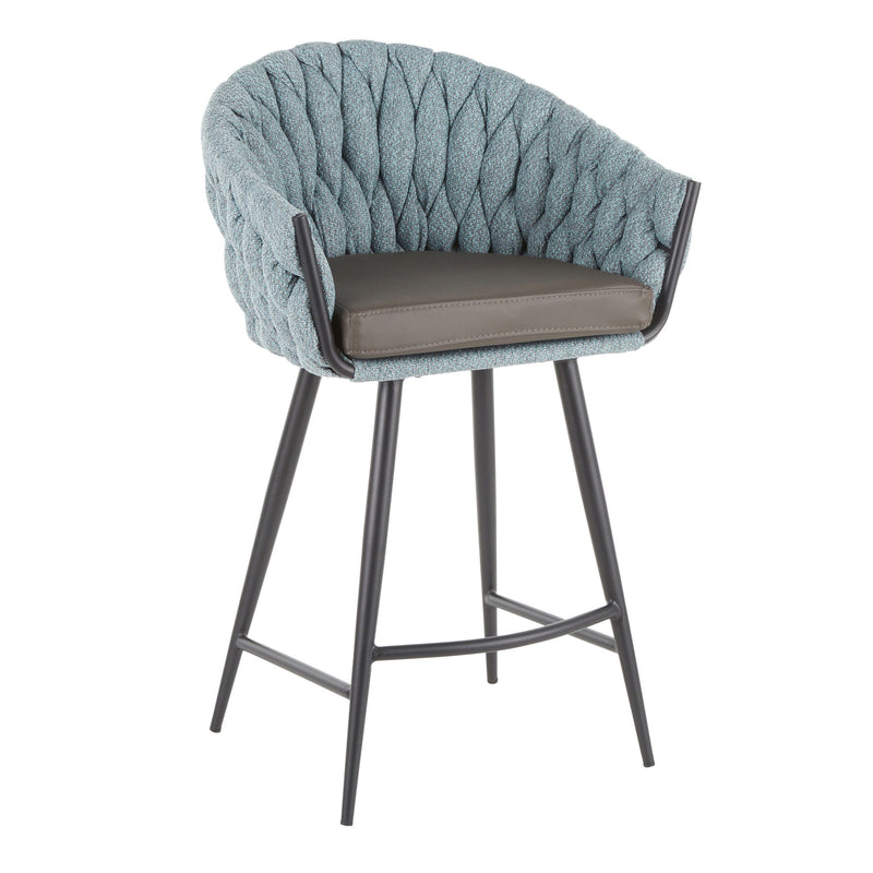 Light blue braided upholstered counter chair with dark legs and armrests