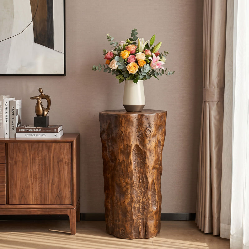 Antique brown stump side table with circular top and weathered wood pattern