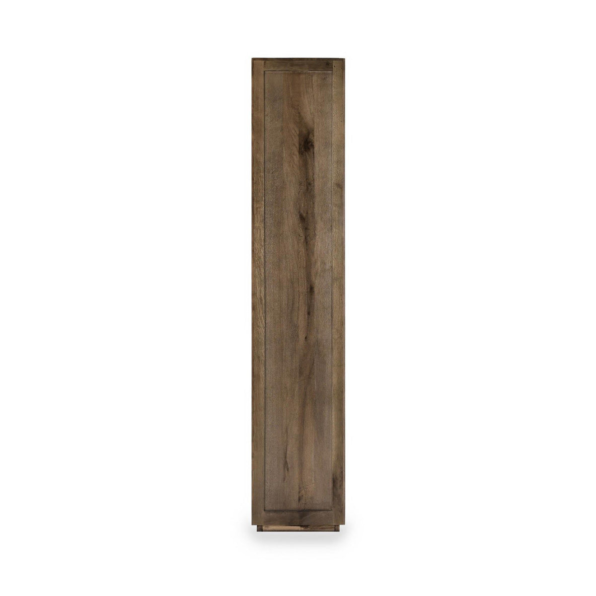 Tall brown cabinet side panel with recessed paneling and vertical frame