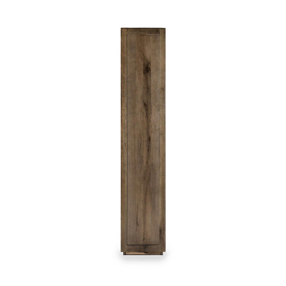 Tall brown cabinet side panel with recessed paneling and vertical frame