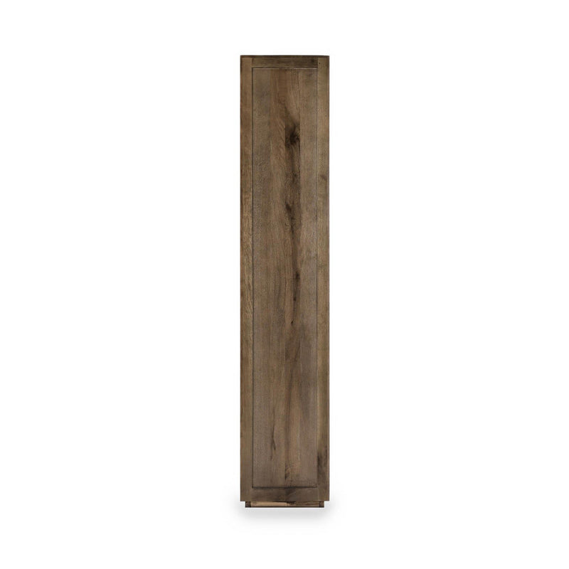Tall brown cabinet side panel with recessed paneling and vertical frame
