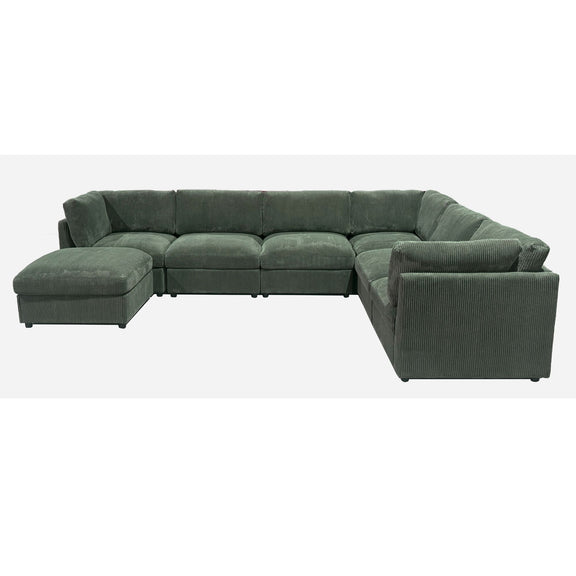 Dark green modular sectional sofa with two ottomans, wide chaise corner arrangement