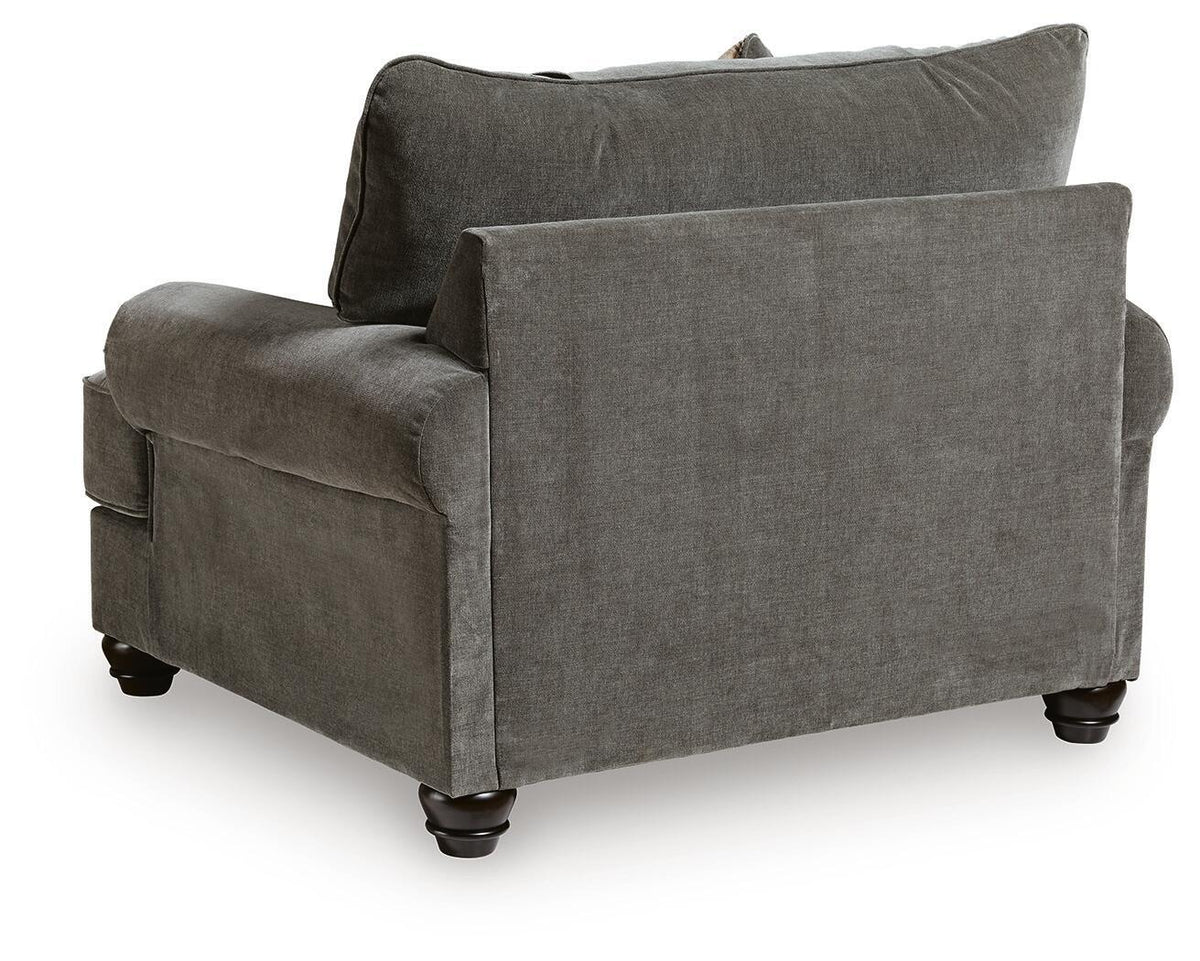 Shadow gray chair and a half with square back cushion and rounded arm detail