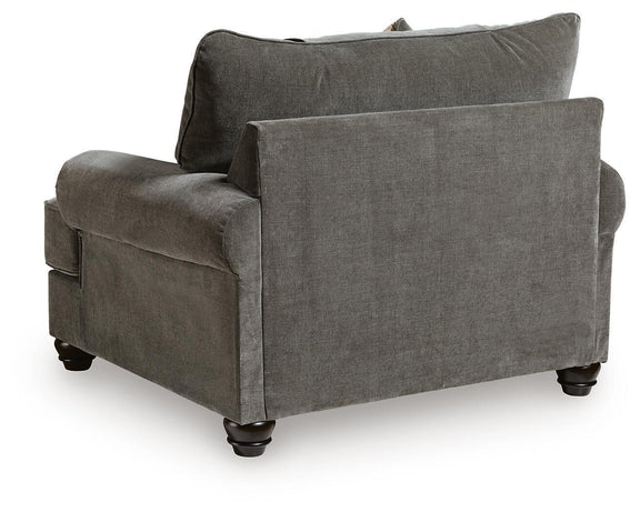 Shadow gray chair and a half with square back cushion and rounded arm detail
