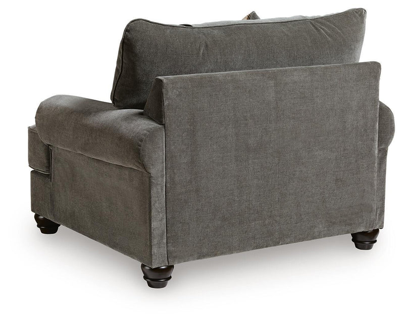 Shadow gray chair and a half with square back cushion and rounded arm detail