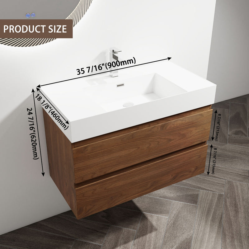 Wall-mounted bathroom vanity with white sink and faucet; dark brown base with two drawers