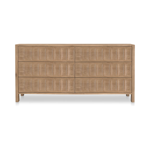 Natural wood dresser with multiple drawers and tapered legs
