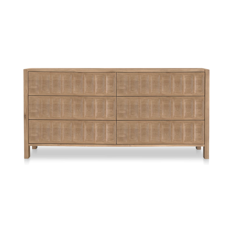 Natural wood dresser with multiple drawers and tapered legs