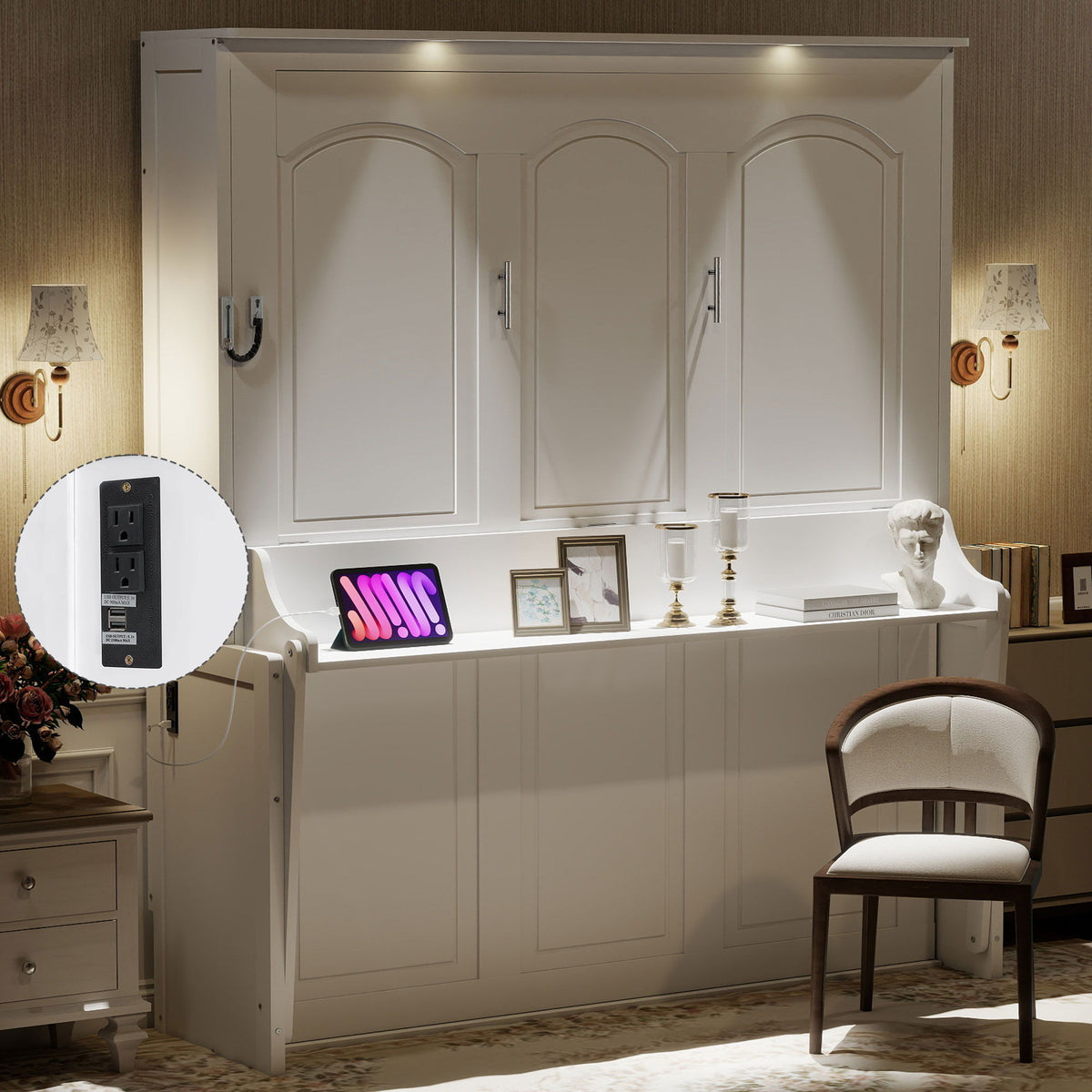 Murphy Bed With Desk, LED Lights & USB Charging Station