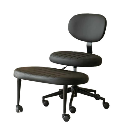 Dark gray ergonomic cross-legged office chair with backrest, padded seat, and rolling casters