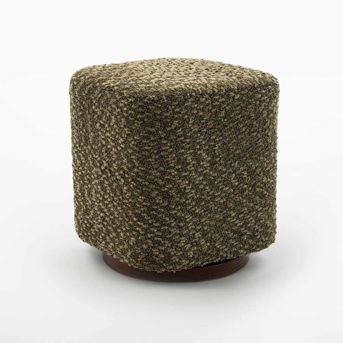 Dark green upholstered swivel vanity stool with round padded seat and dark wooden base