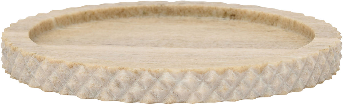 Beige marble tray with speckled surface and textured scalloped rim.