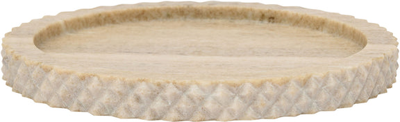 Beige marble tray with speckled surface and textured scalloped rim.