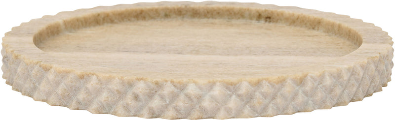 Beige marble tray with speckled surface and textured scalloped rim.