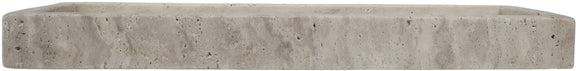 Beige travertine tray side profile with low, thick rim and mottled stone finish
