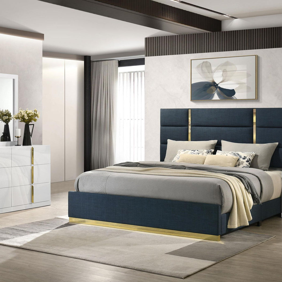 Ines 4-piece Queen Bedroom Set Navy and White High Gloss